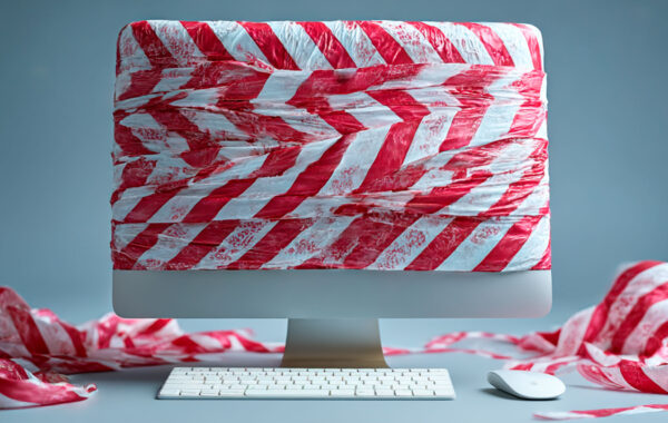 Ansicht Monitor mit Absperrband drum herum